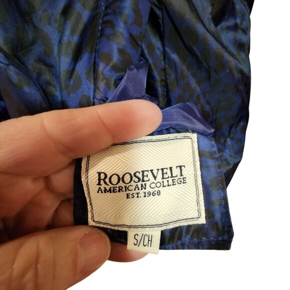 Reversible Blue Leopard Print Puffer Jacket W/ Hood S Roosevelt American College - Picture 5 of 5
